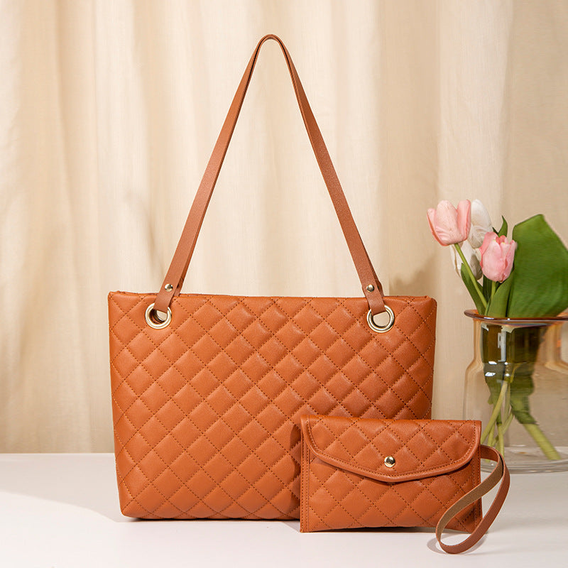 Elegant Quilted Tote Bag with Matching Clutch in Brown - One Red Hill